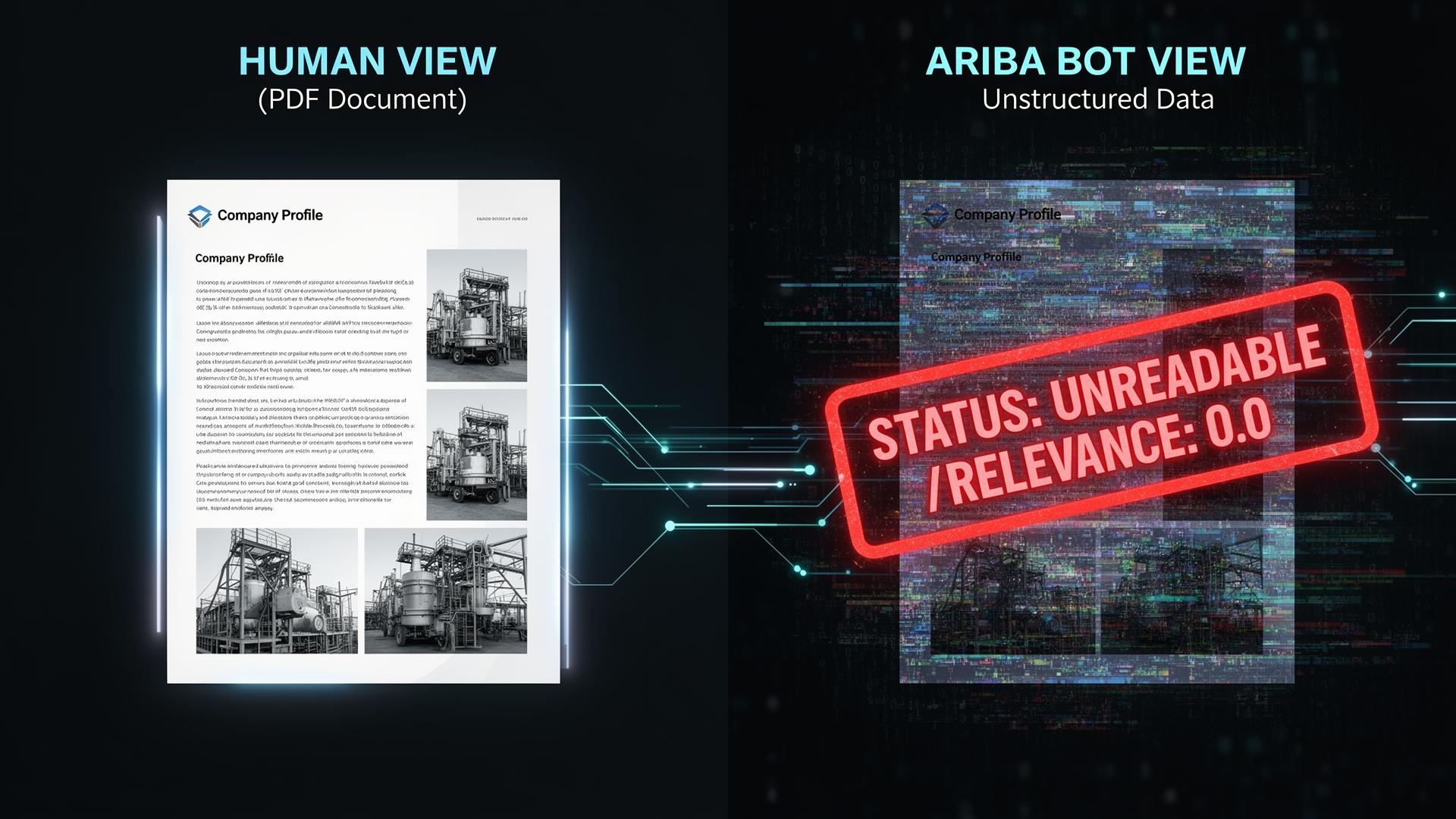 Split-screen comparison of human view of PDF document versus Ariba bot view showing unreadable data