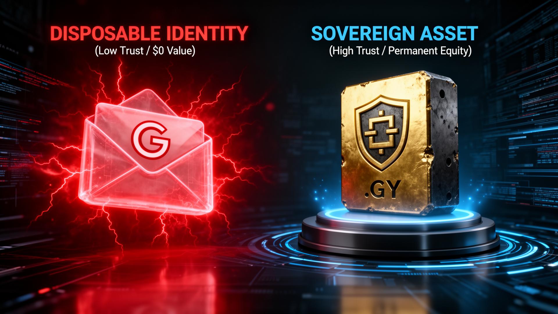 Comparison of disposable Gmail identity versus sovereign .GY domain asset