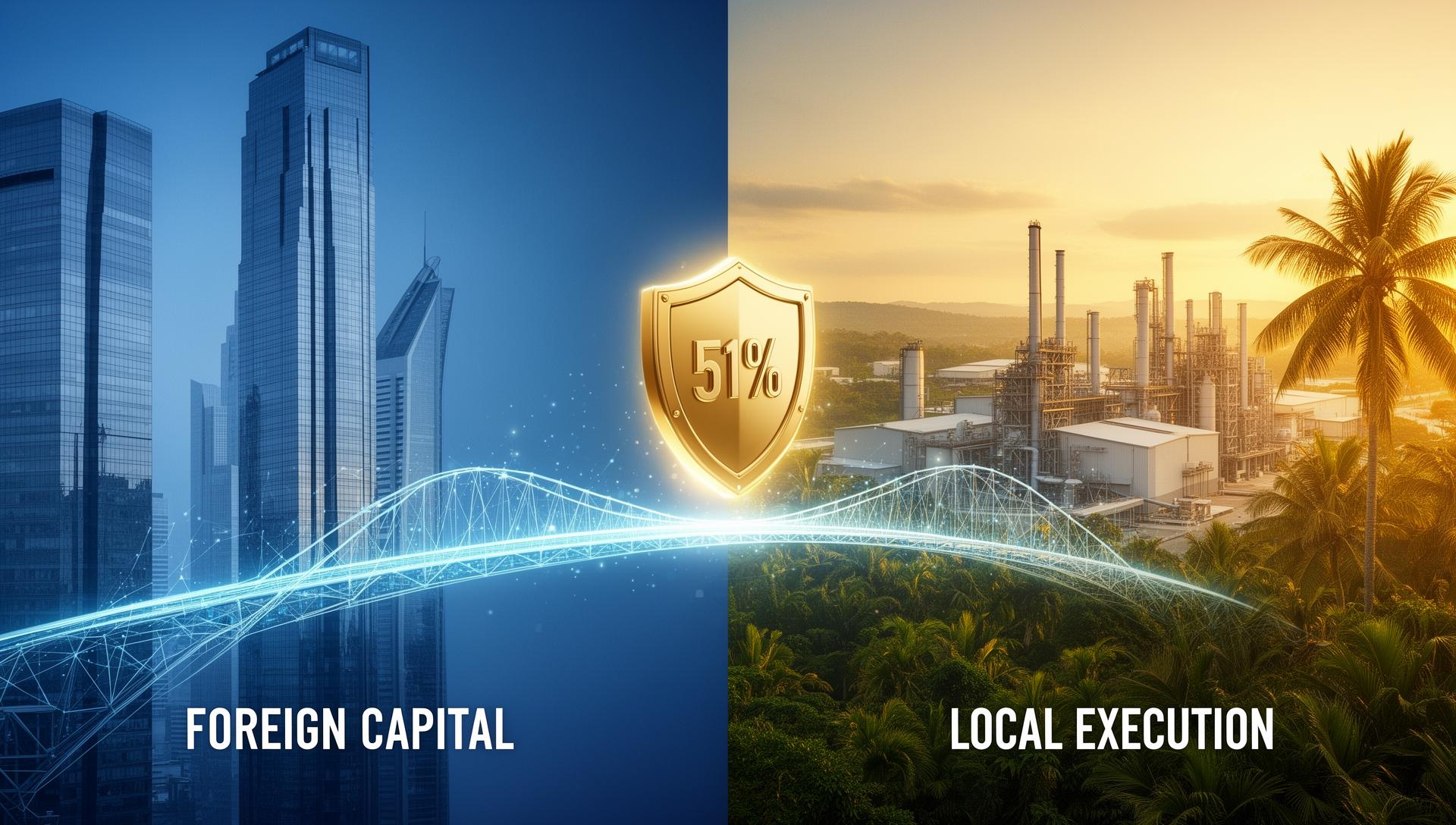 Split-screen visualization of Foreign Capital skyscraper and Local Execution industrial facility connected by digital bridge with 51% shield